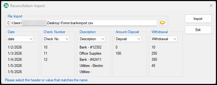 Bank import example